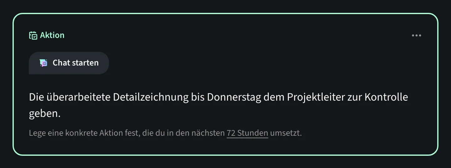 Aktions-Block im Bearbeitungsmodus des Eintrags von Mara Vogel: Der eingetippte nächste Schritt, darunter der Hinweis, eine Aktion für die nächsten 72 Stunden festzulegen.