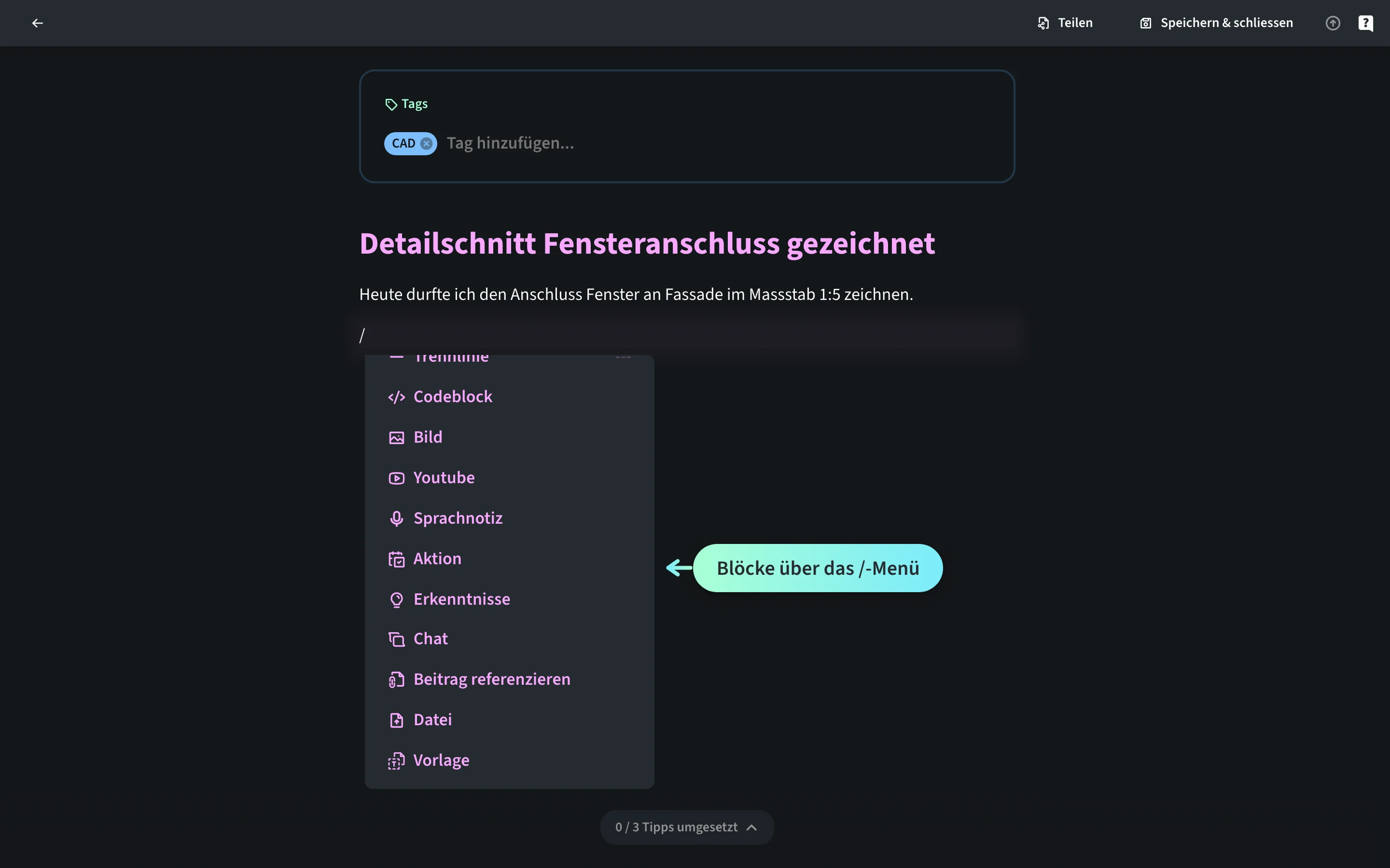 Geöffnetes Slash-Menü im Editor der Zeichner-Lernenden Mara Vogel, gescrollt zu den wählbaren Blöcken Codeblock, Bild, Youtube, Sprachnotiz, Aktion, Erkenntnisse, Chat, Beitrag referenzieren, Datei und Vorlage.
