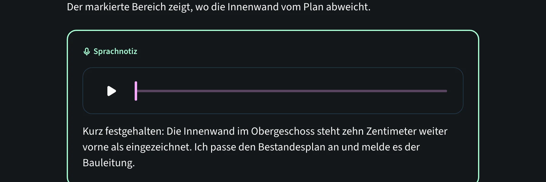 Sprachnotiz im Eintrag von Mara Vogel: Audio-Player, darunter das Transkript der Aufnahme.