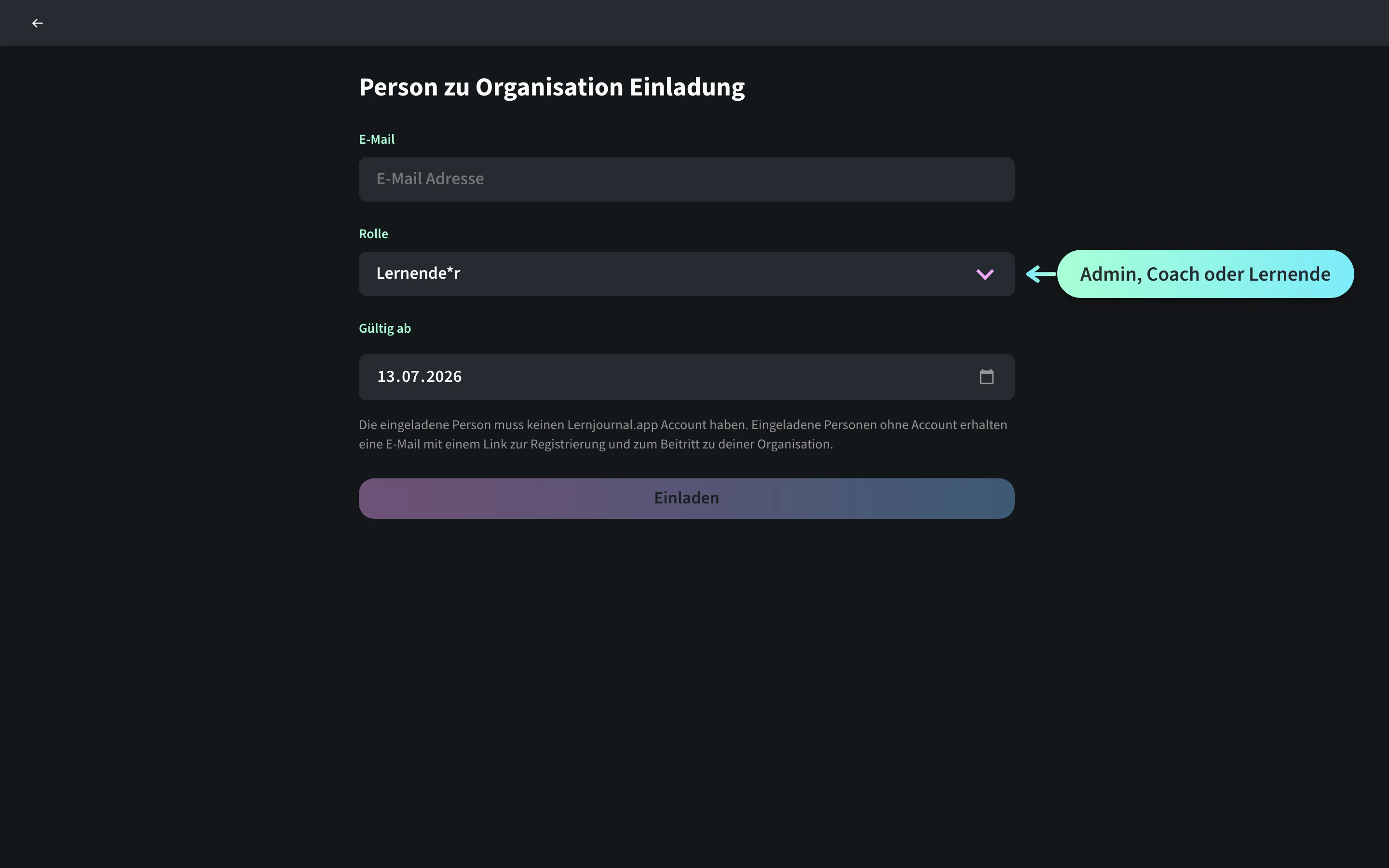 Einladeformular der Organisations-Verwaltung in Kytt: Admin Sandra Iten lädt eine Person zur Lombris Treuhand AG ein, mit E-Mail-Feld, der Rollenauswahl «Lernende*r» und dem Button «Einladen».