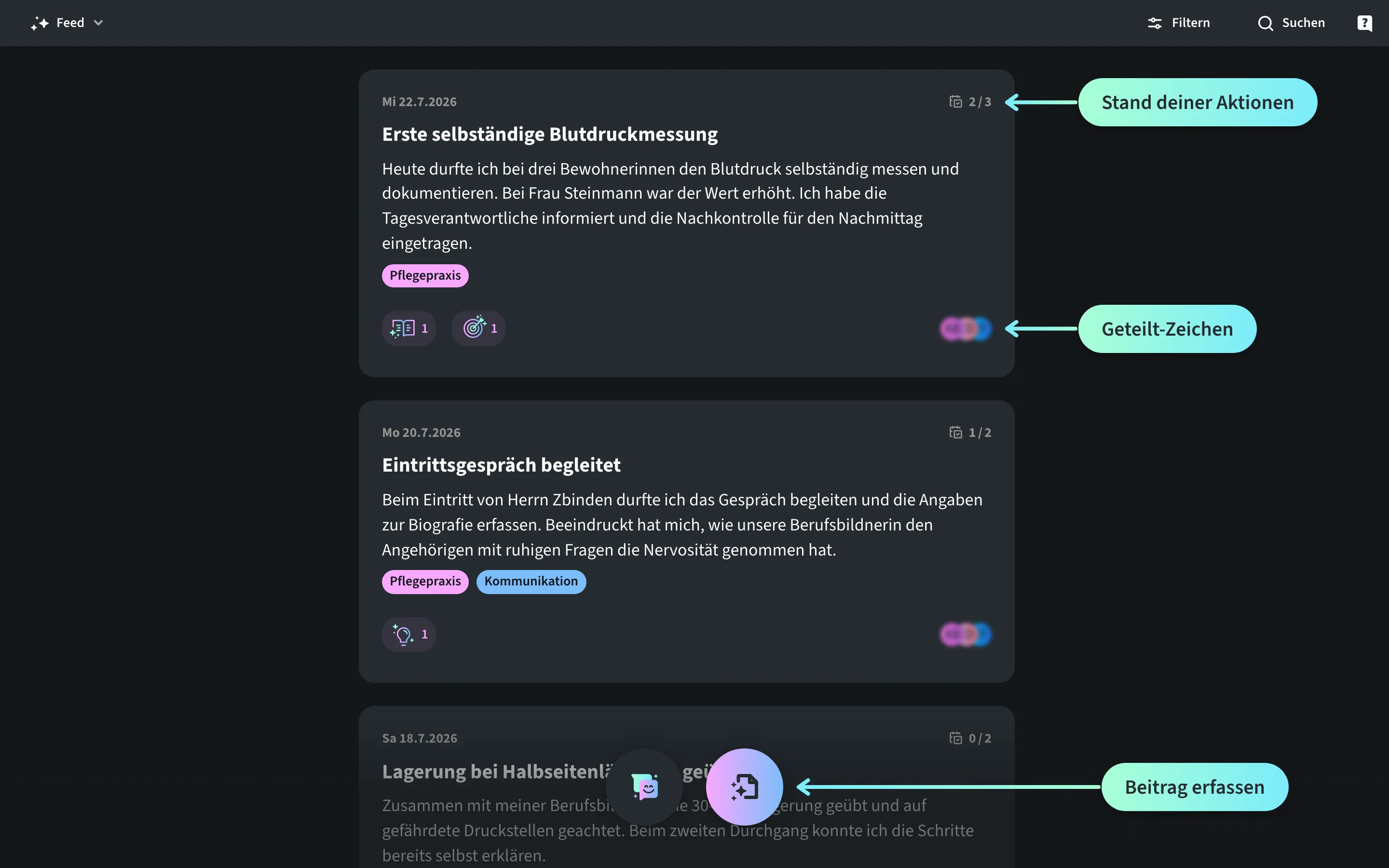 Feed von Kytt in der Desktop-Ansicht mit Beiträgen der Lernenden Amina Ferreira aus ihrem Alltag als Fachfrau Gesundheit: In der Kopfzeile stehen «Filtern» und «Suchen»; drei Labels beschriften den Aktions-Zähler «2 / 3» der obersten Karte als «Stand deiner Aktionen», die überlappenden Kreise unten rechts als «Geteilt-Zeichen» und den runden Button am unteren Bildrand als «Beitrag erfassen».
