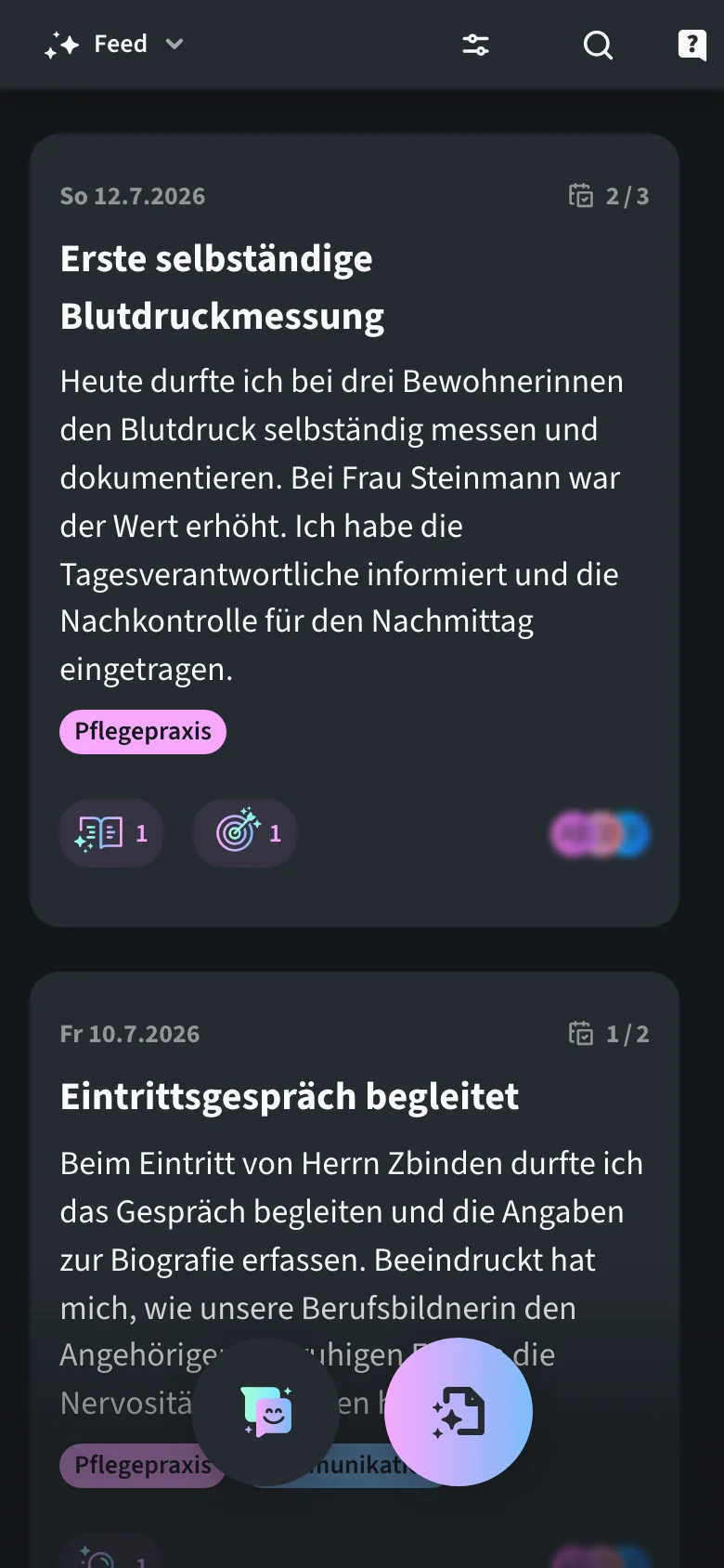 Feed von Kytt auf dem Smartphone: Journal-Einträge der Lernenden Amina Ferreira untereinander im Hochformat.