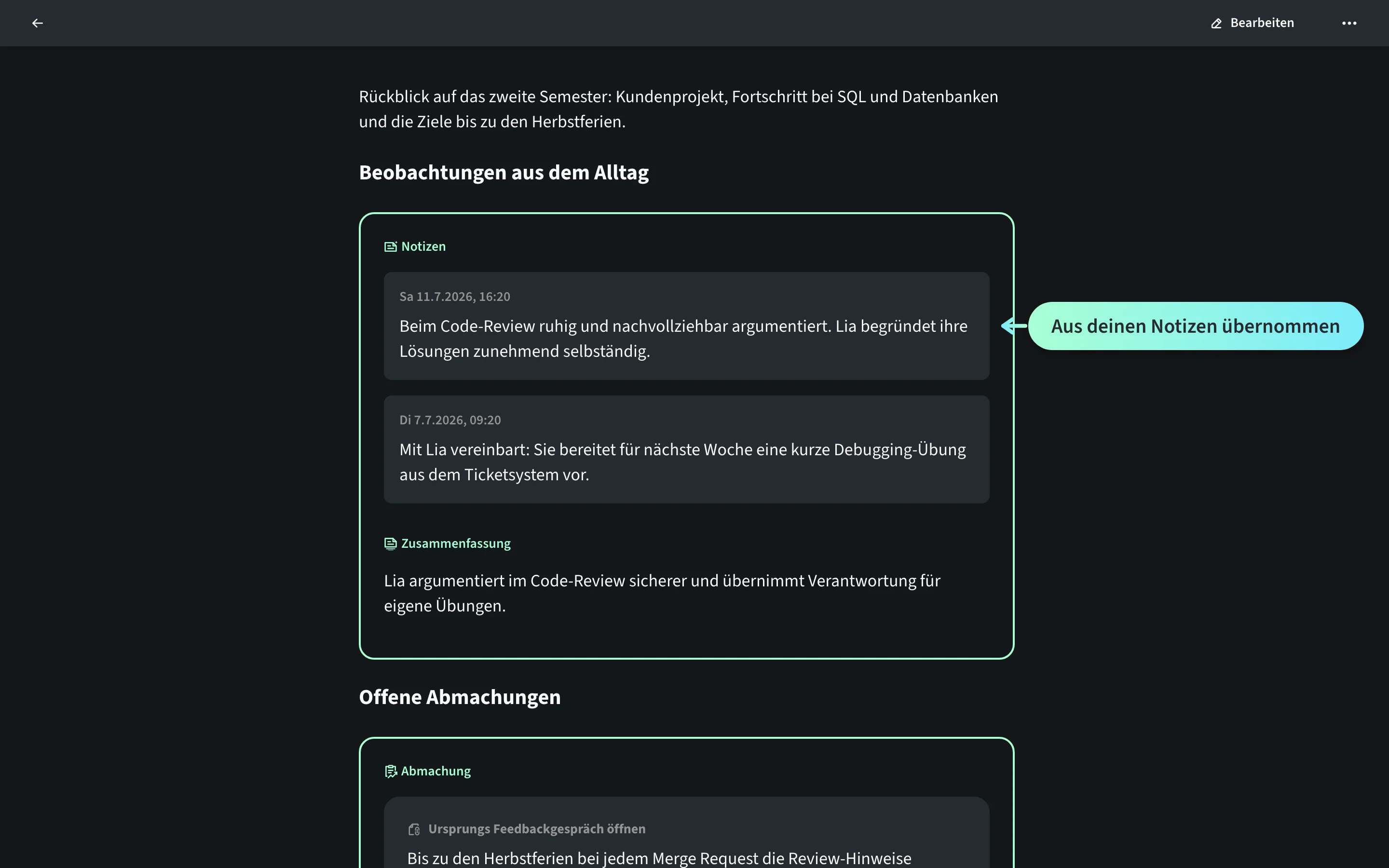 Gesprächsdokument des Standortgesprächs von Marco Keller mit Lia Brunner: Die übernommenen Notizen und eine offene Abmachung liegen als Bausteine im Gespräch.