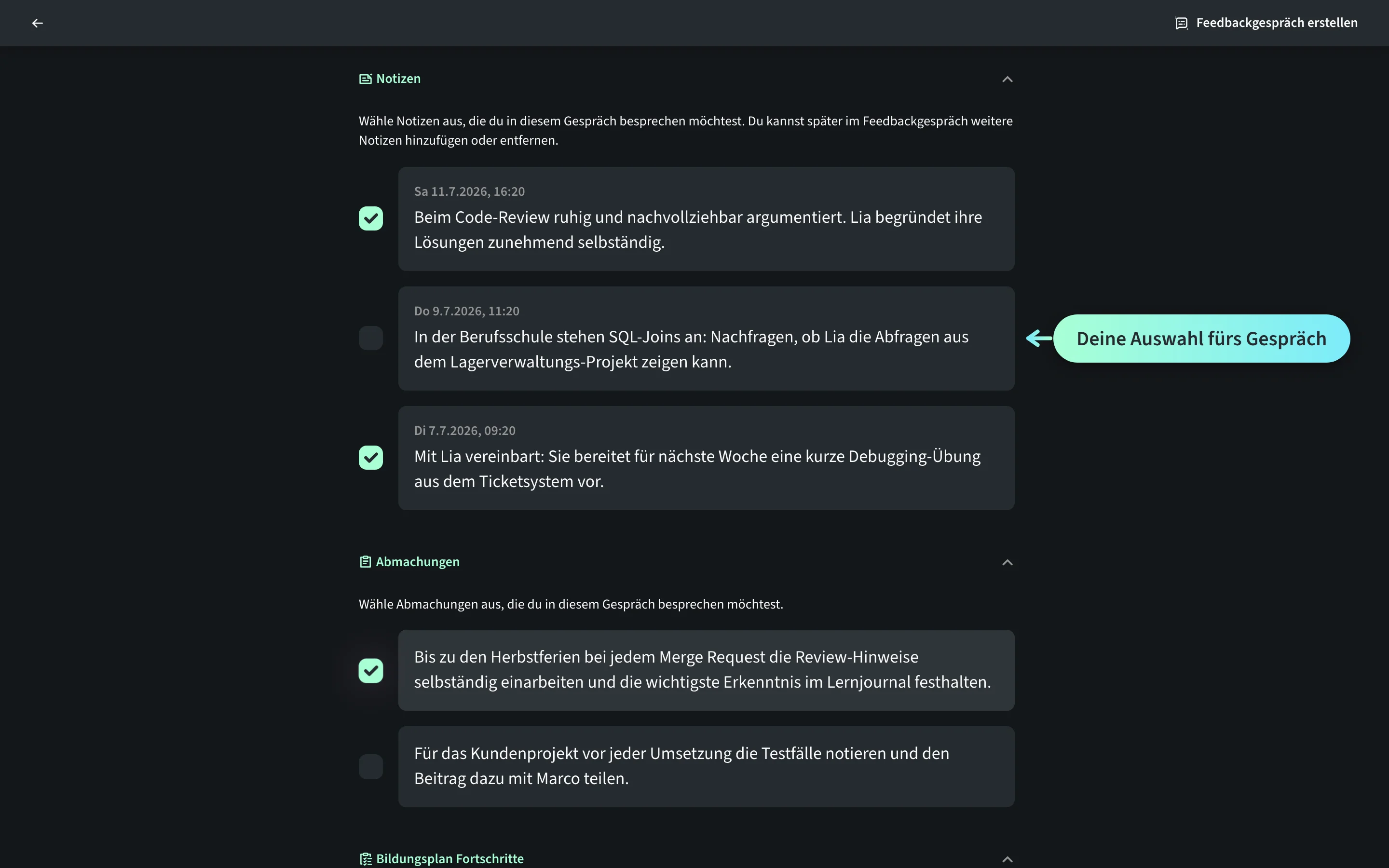 Gesprächs-Vorbereitung in der Coach-Ansicht: Marco Keller wählt aus offenen Notizen und Abmachungen zu Lia Brunner aus, was ins Feedbackgespräch kommt.