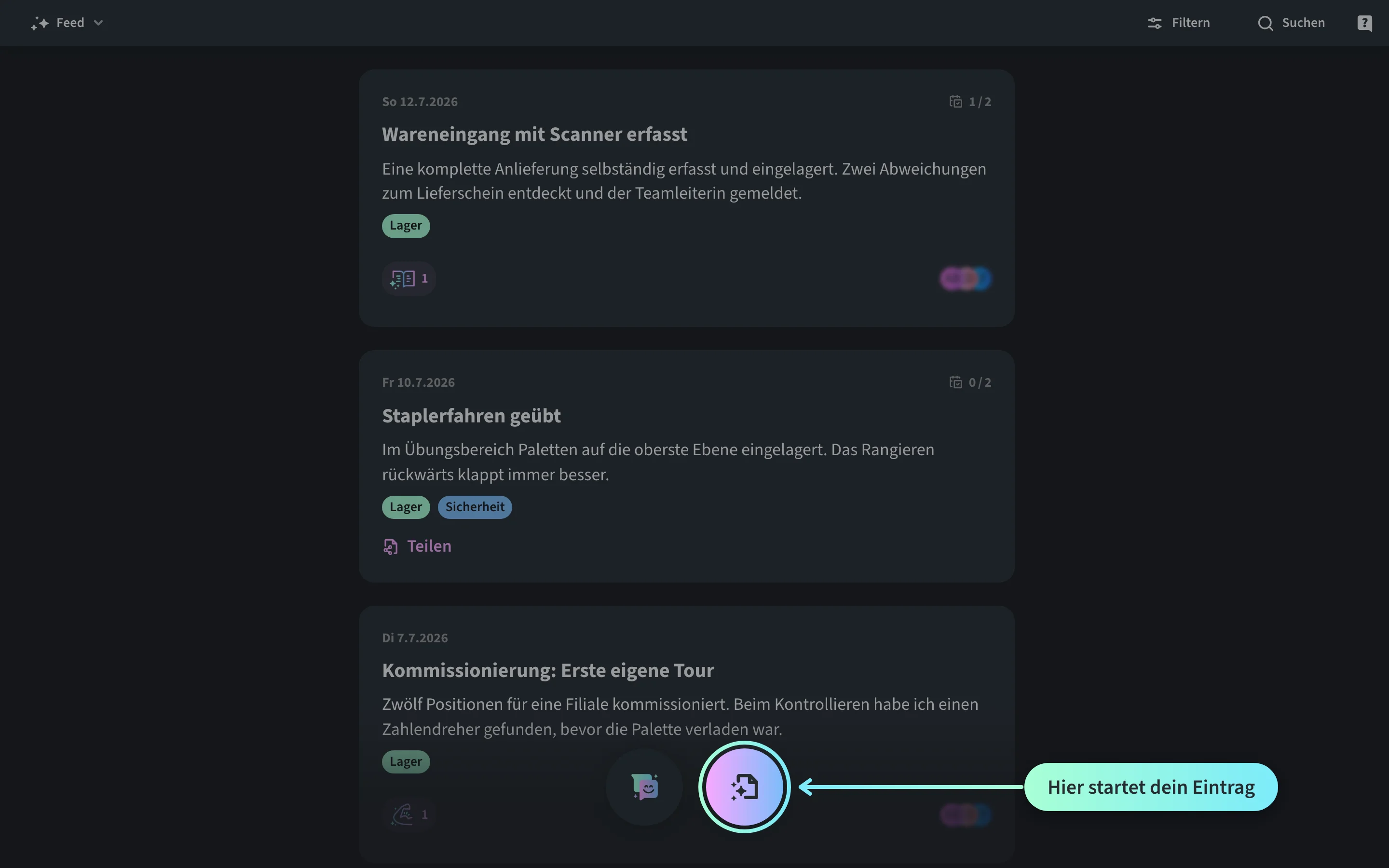Feed von Kytt in der Desktop-Ansicht mit Journal-Einträgen des Logistik-Lernenden Elias Portmann: Der Button Beitrag erfassen unten im Feed ist mit einem Ring und dem Hinweis Hier startet dein Eintrag markiert.