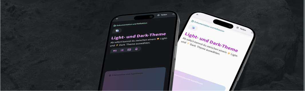 Screenshots der App im Light- und Dark-Theme