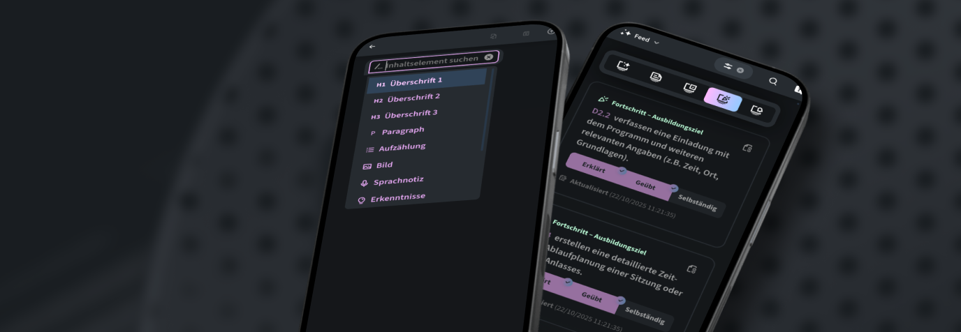 Screenshots des neuen Editor und einer Liste von Fortschritten im Feed